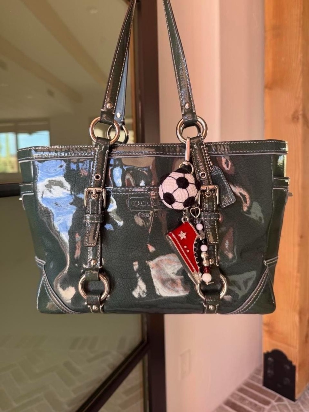 Vintage Coach Dark Green Patent Leather Bag with Charms